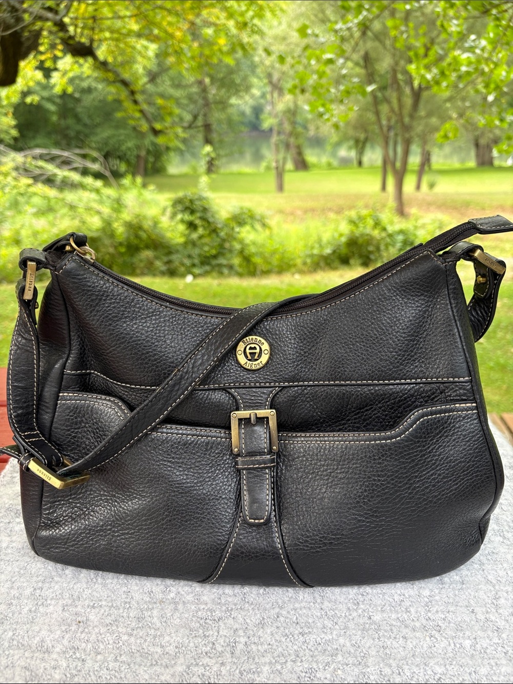 Etienne Aigner Black Pebbled Leather Shoulder Bag with Brass Hardware